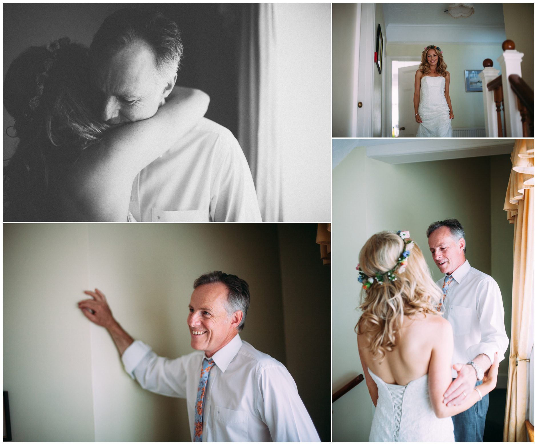 father sees bride in wedding dress for first time photography