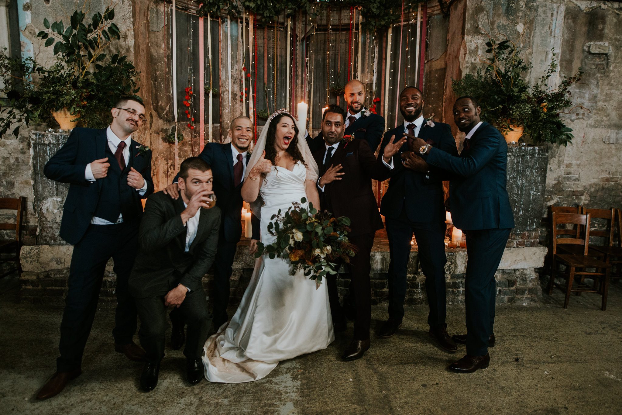 A wedding group shot at the Asylum Chapel, London