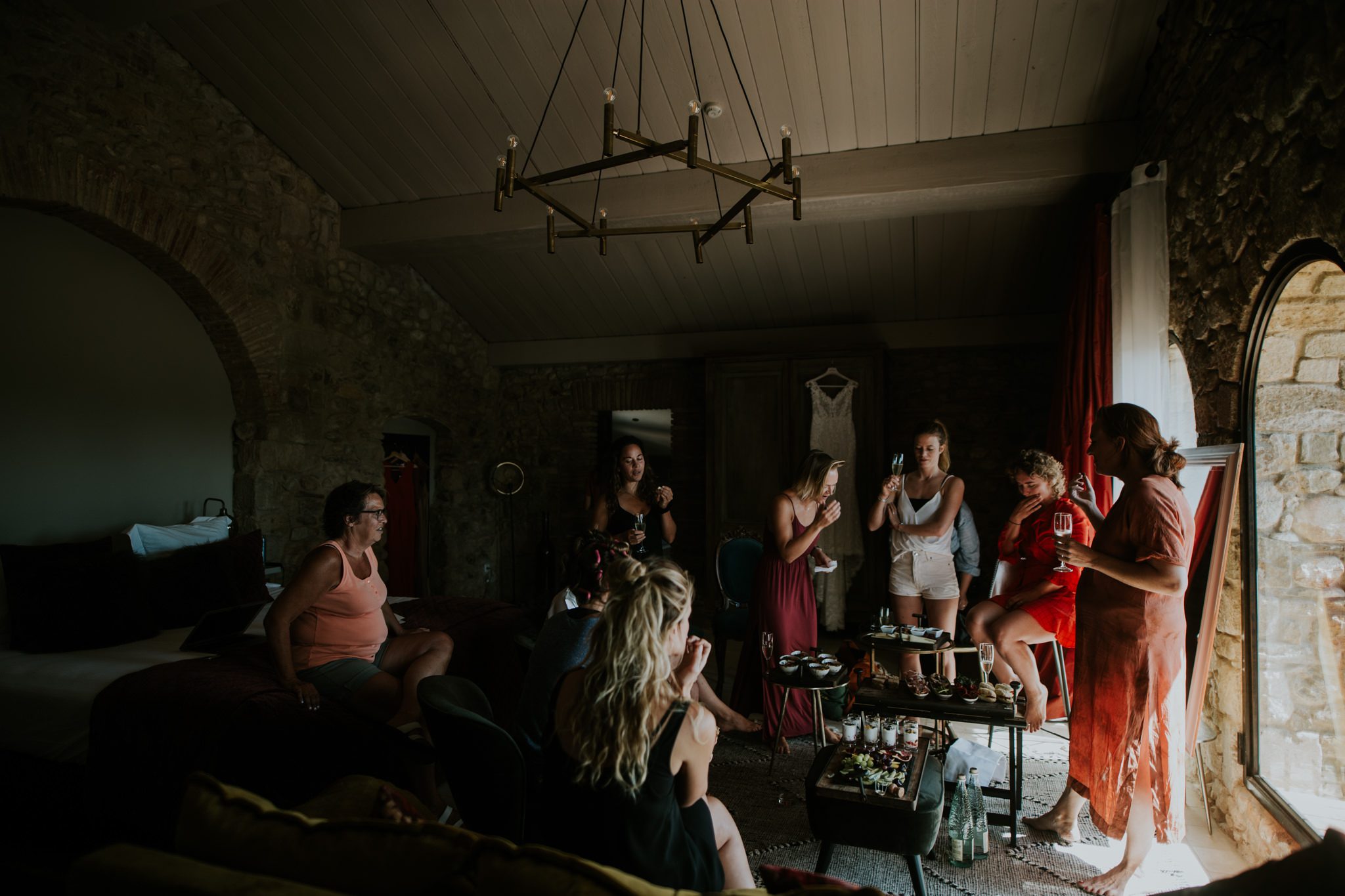 The bride and her maids get ready in the morning before a wedding at Castel D'Emporda, Spain
