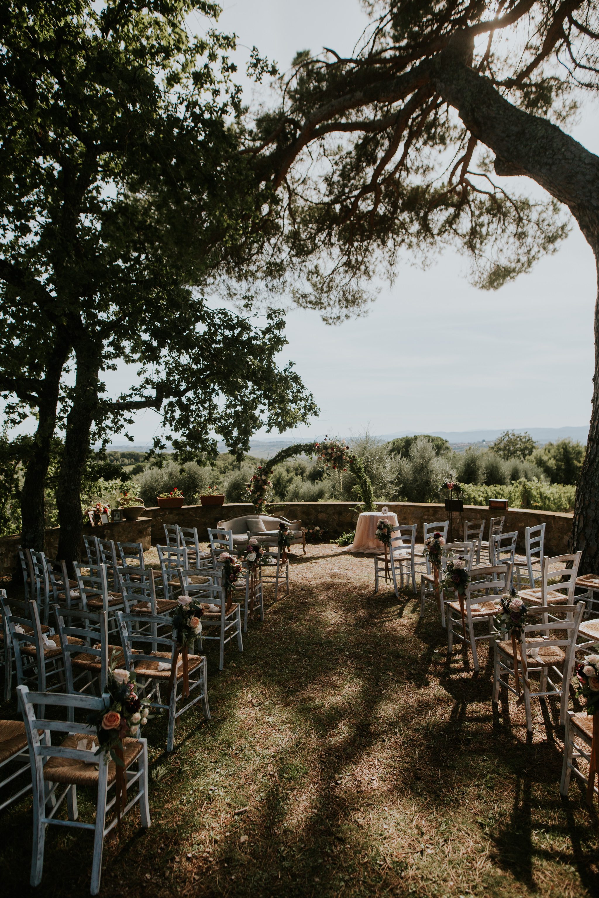 A wedding ceremony space over looking the Tucan hills in Italy