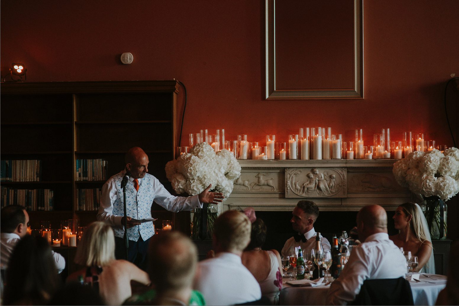 The father of the bride gives a speech in the library of Bryanston School in Dorset