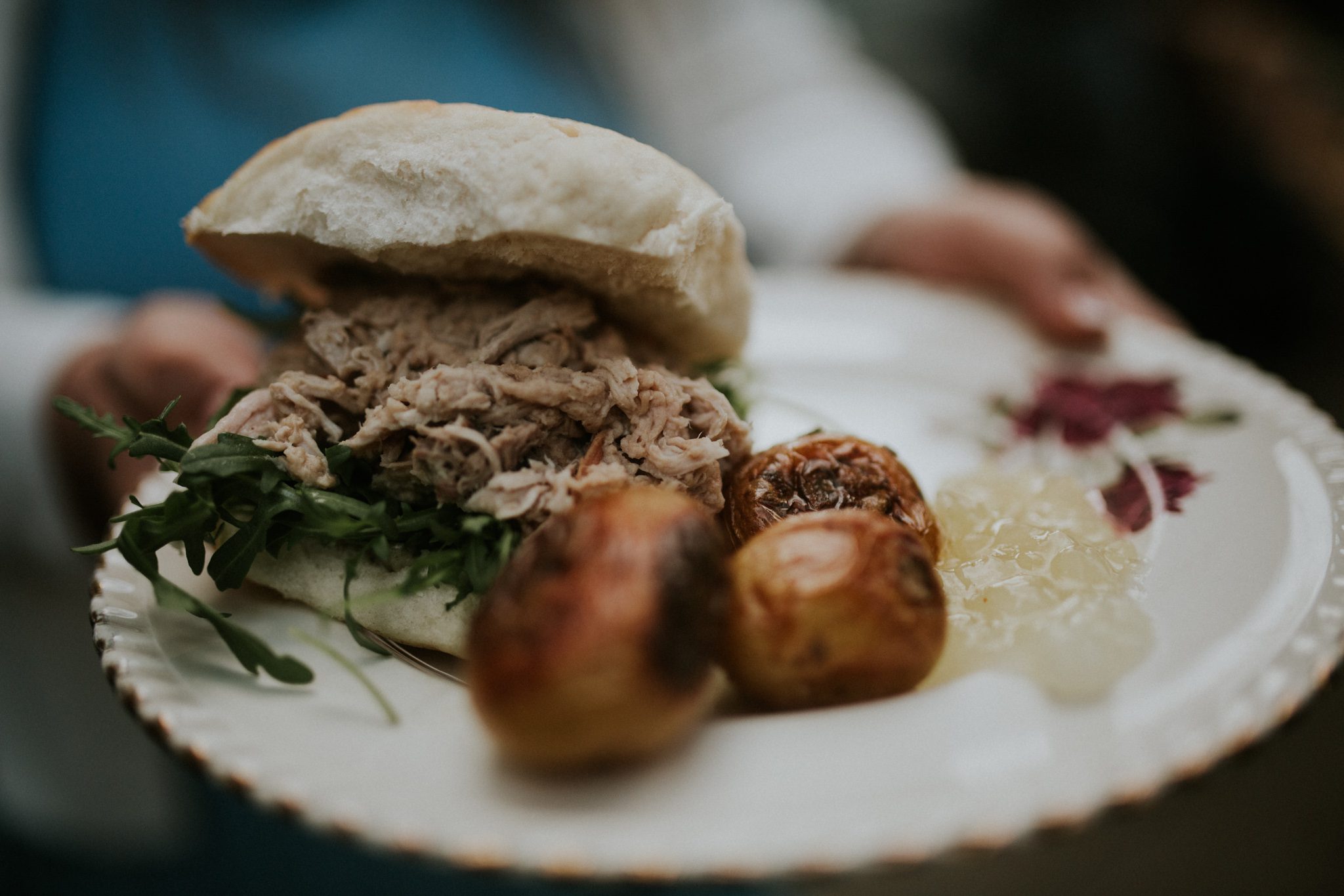 A plate of hog roast at a wedding at Scorrier House in Cornwall